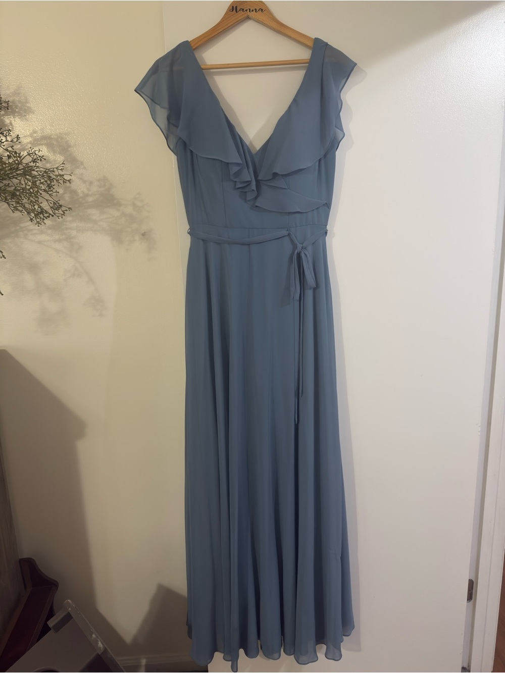 Mori Lee Dusty Blue Ruffle V-Neck Maxi Dress